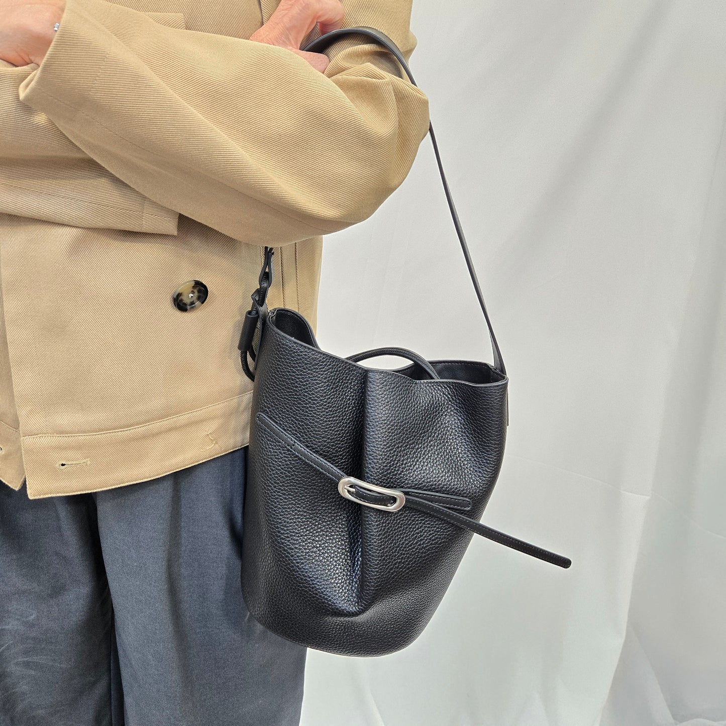 Korea Soft Pebble Leather Kelly Bucket Bag