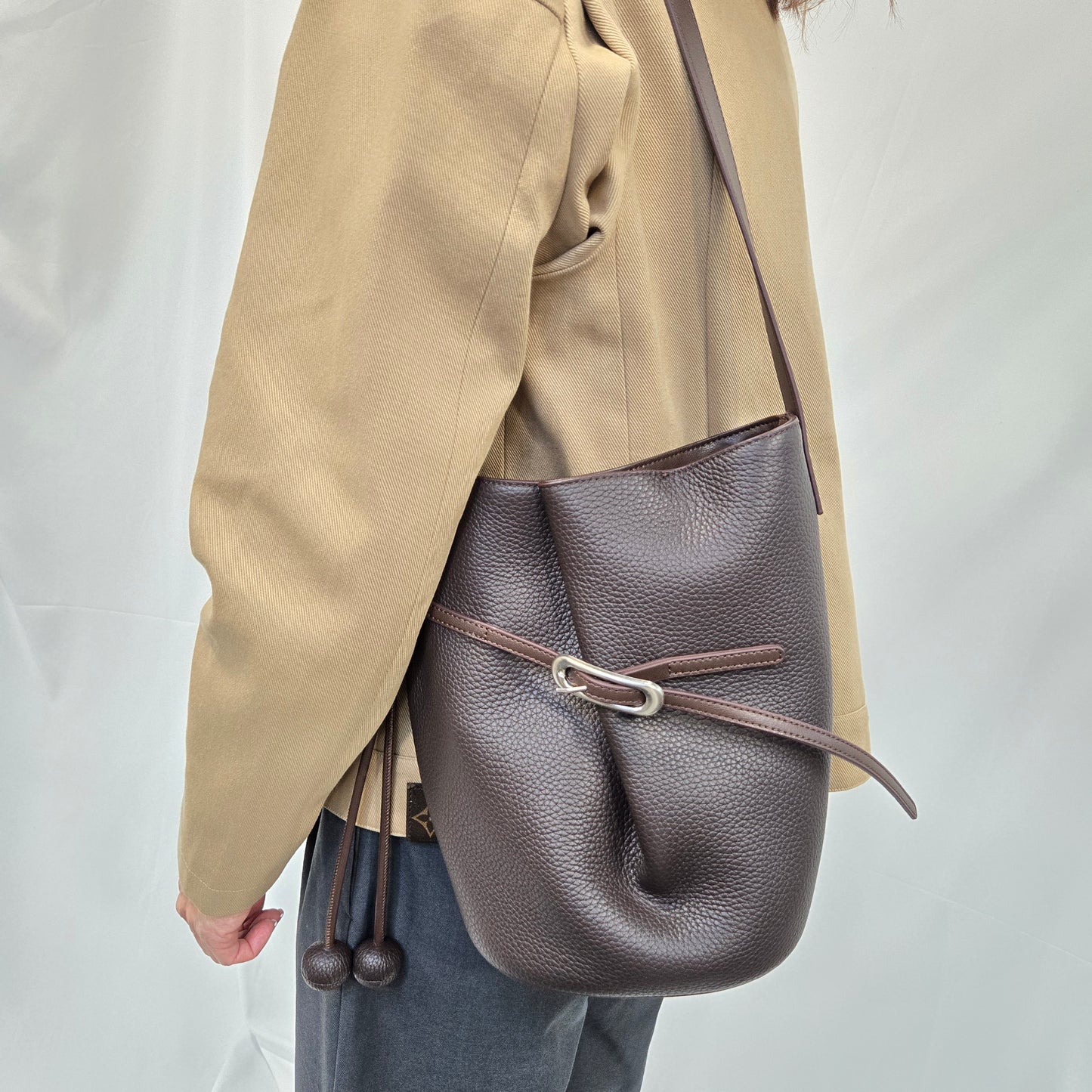 Korea Soft Pebble Leather Kelly Bucket Bag